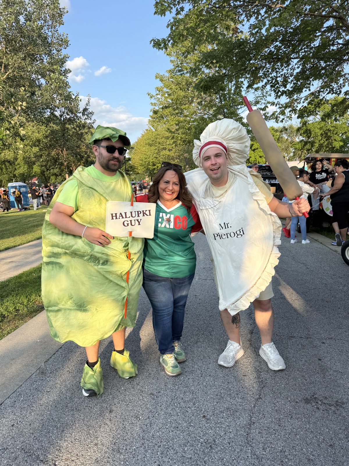 Rebeca with Mr. Pierogi and the Halupki Guy at Pierogi Fest